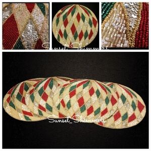 4pc Set MacKenzie Style Sparkly Harlaquin Christmas Ornament Placemat Chargers